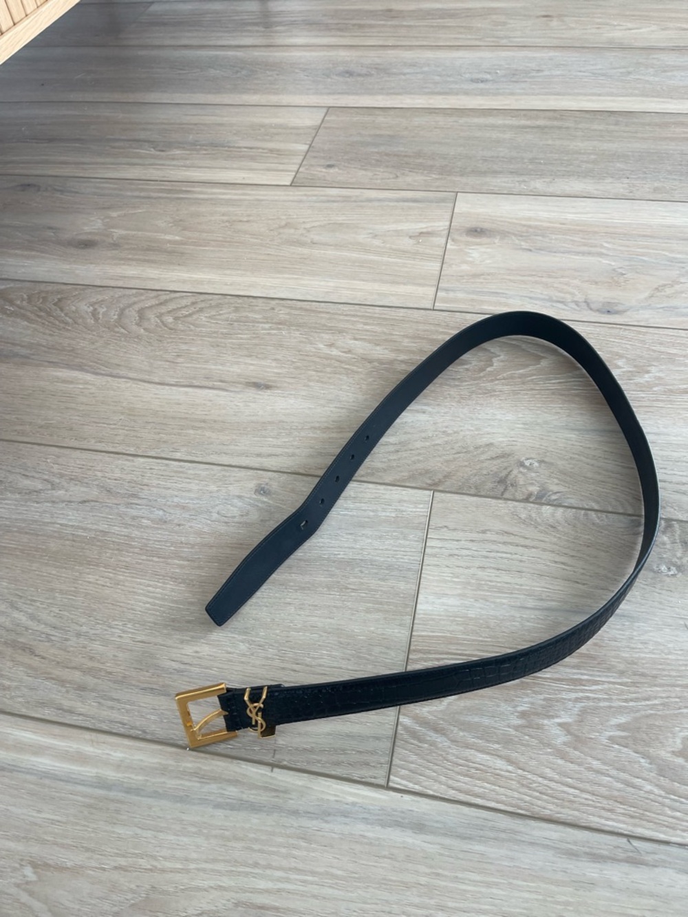 Saint Laurent Black Cassandre embellished croc-effect Leather Logo Buckle Belt - Picture 2 of 8